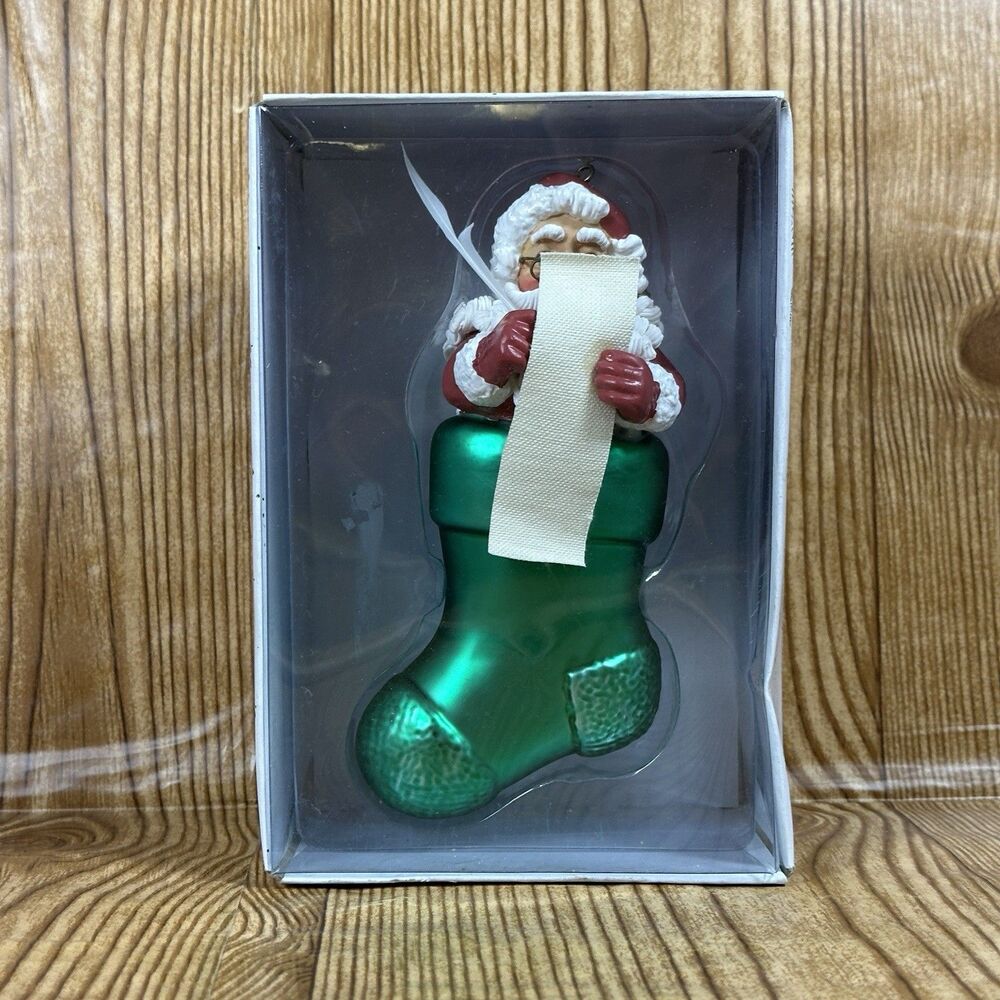 Vintage Dept. 56‎ Noel Santa In Green Stocking Glass Christmas Ornament #18431